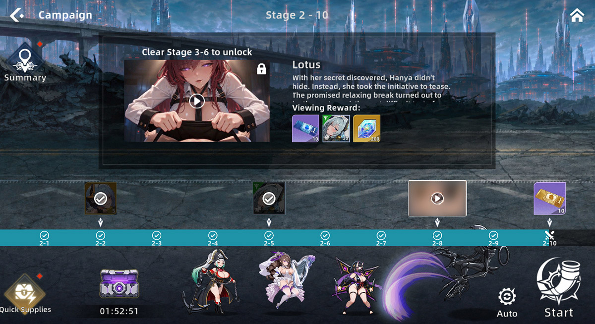 Campaign map with a story scene unlocked by clearing stages